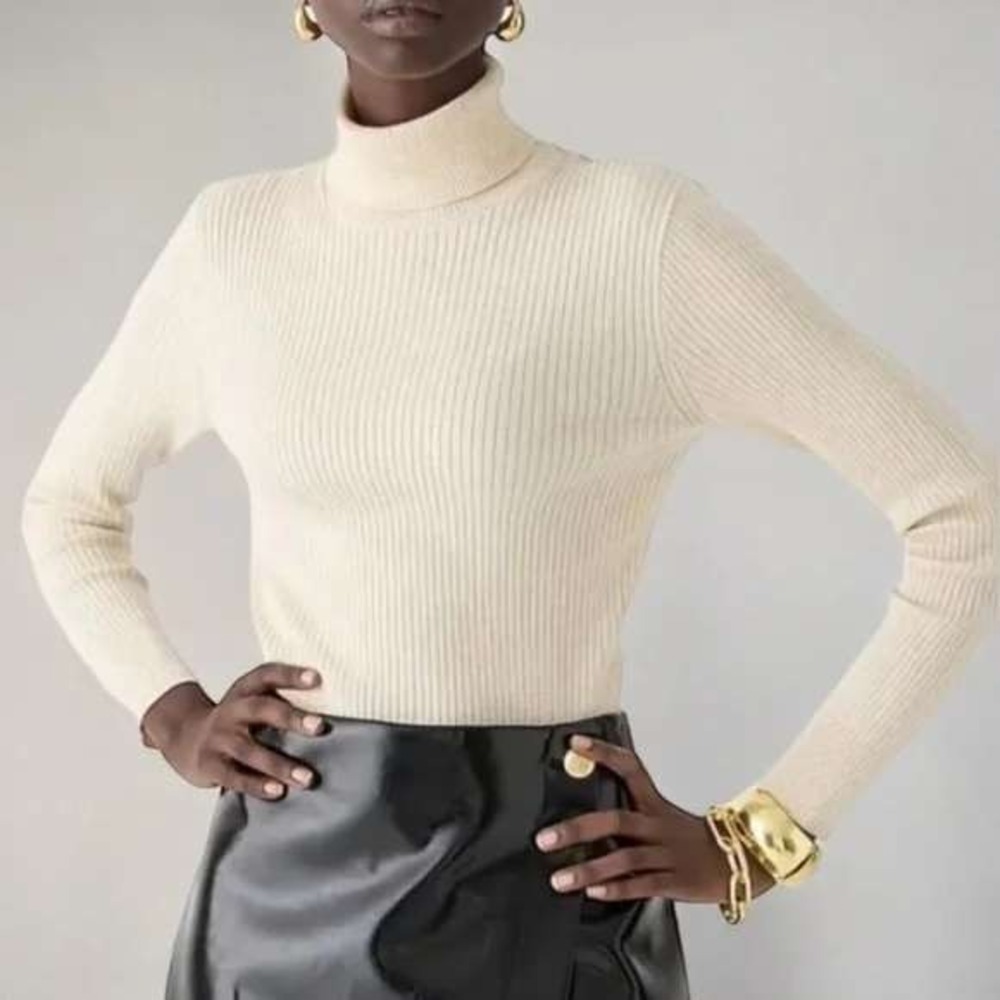 J.‎ Crew Womens Ribbed Tencel Turtle Neck Sweater Size XL Ivory Classic Timeless